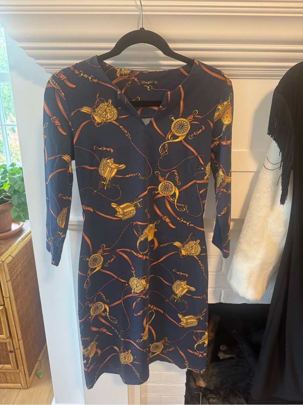 J. McLaughlin Navy Dress with Gold Chain & Equestrian Motif